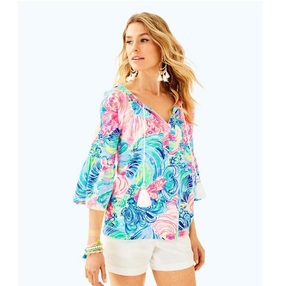 Lilly Pulitzer Del Lago Printed Tunic Top Tassel Flounce Sleeve